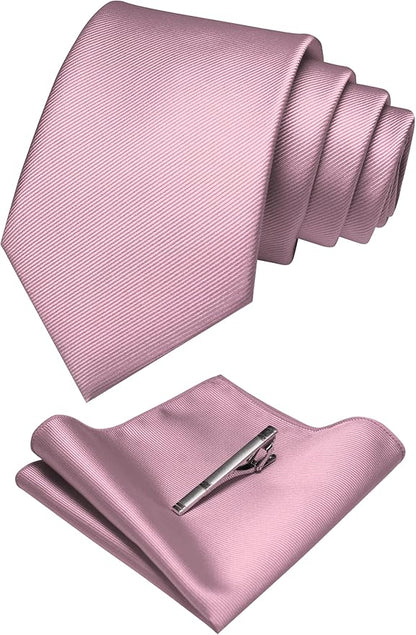 JEMYGINS Solid Color Formal Necktie and Pocket Square Tie Clip Sets for Men