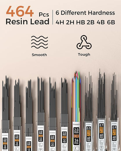 30PCS Mechanical Pencil Set with Leather Bag, Drawing Pencils 0.5, 0.7, 0.9MM & 3PCS 2MM Sketching Pencil with 464PCS Leads (6B 4B 2B HB 2H 4H Color) for Artist Drafting Drawing Writing