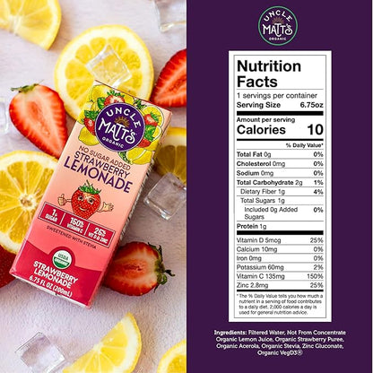 Uncle Matt’s No Sugar Added Strawberry Lemonade Organic Fruit Juice Box for Kids with Vitamin C, D, Zinc, Only 10 Calories, 32 pack of 6.75 oz Boxes