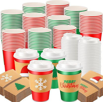 48 12 oz Christmas Cups with Lids and Coffee Cup Sleeves Bulk Red Green Disposable Christmas Paper Coffee Cups for Beverage Chocolate Tea Cocoa Xmas Holiday Table Decorations Party Favors