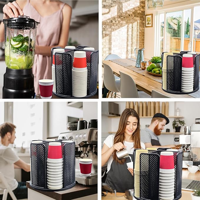 Paper Cup and Lid Holder, CITZCFYU Rotatable Coffee Cup Dispenser fit 5-16oz Disposable Cups Organizer, Plastic Cup Storage Rack for Countertop, Coffee Shop, Station, Bar, Office,Kitchen, Black