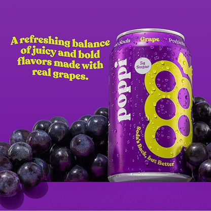 Poppi Sparkling Prebiotic Soda Beverage with Apple Cider Vinegar, Seltzer Water and Fruit Juice, Grape Flavor, 12 Fl Oz, Pack of 12, Packaging May Vary