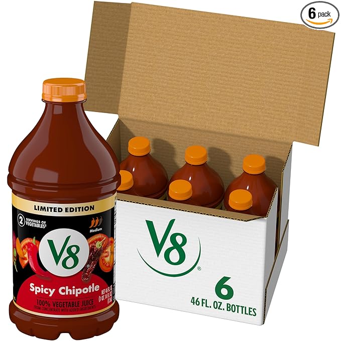 V8 Spicy Chipotle 100% Vegetable Juice, 46 fl oz Bottle (6 Pack)