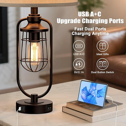 Table Lamps for Living Room Set of 2, Farmhouse Lamps for Night Stands, Industrial Bedside Lamps for Bedroom Nightstand with USB A+C, Bulbs Included