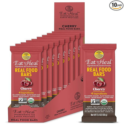 EatToHeal Cherry Real Food Bar - Organic Vegan Healthy Gluten Free Protein Bars - Low Sugar Meal Replacement Bar, Non GMO, Never Baked, Plant Based - Crafted to Enjoy, Not Sit on Shelves