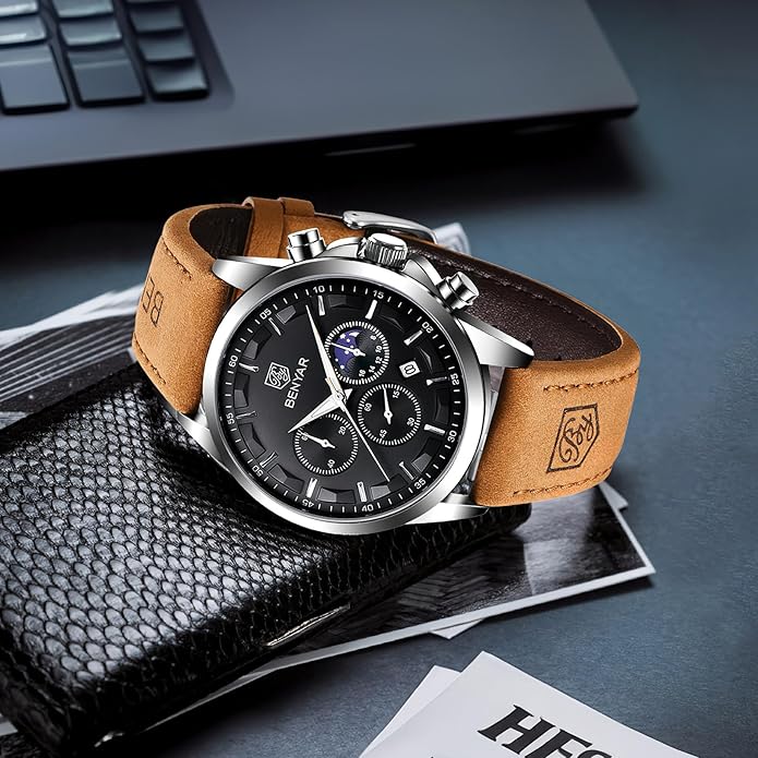 BY BENYAR Mens Watches Analog Quartz Chronograph Waterproof Wrist Watches for Men Fashion Business Work Casual Sport Designer Dress Watch with Calendar Elegant Gifts for Men