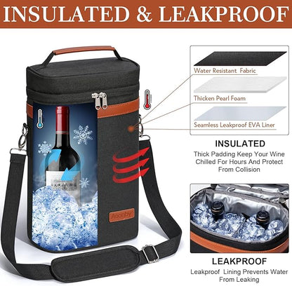 2 Bottle Wine Bag Wine Cooler Carrier Wine Gift Tote Bag, Leakproof & Insulated Bottle Bags for Travel, BYOB, Beach, Dinner, Party, Christmas Gifts for Wines Lovers Women Men - Black