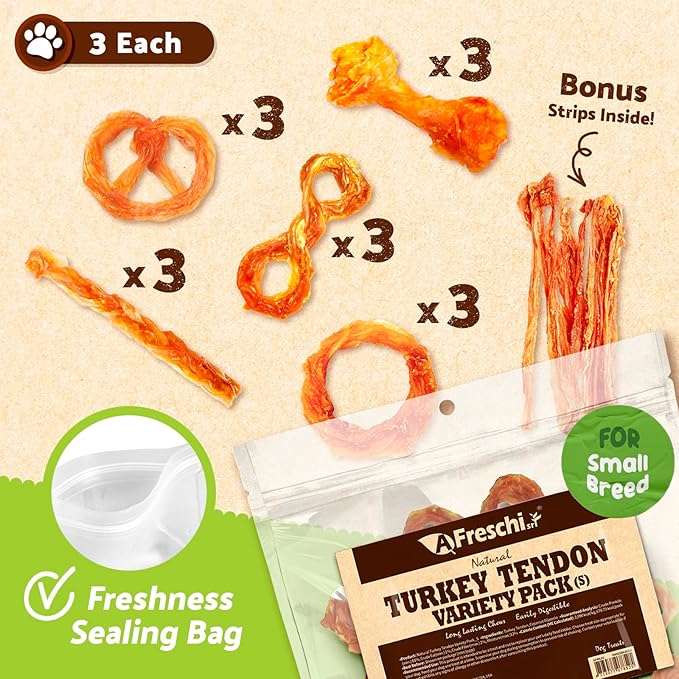 AFreschi Turkey Tendons for Dogs, USA-Sourced, Healthy Dog Treats, Rawhide-Free Puppy Chews, Long Lasting, All Natural, Hypoallergenic Dog Treats for Small Breeds, 8 oz Pack Variety (S)