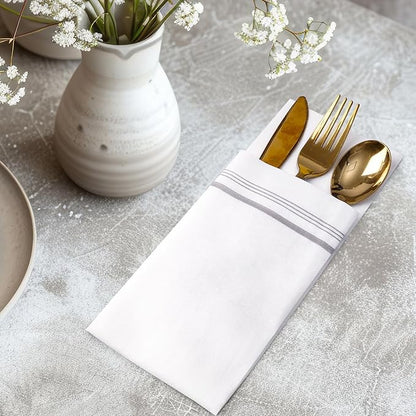 100 Disposable Paper Hand Towels for Bathroom, Linen Feel Guest Towels, Soft and Absorbent Paper Towels Napkins Bulk for Home Dinner Kitchen Wedding, 12" x 17"(Silver Trim Lined)