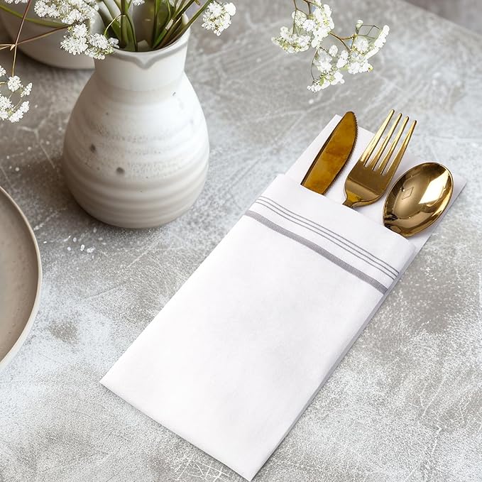 50 Linen Feel Paper Hand Towels for Bathroom, Disposable Guest Towels, Soft and Absorbent Paper Towels Napkins Bulk for Home Dinner Kitchen Wedding Graduation, 12" x 17"(Silver Trim Lined)