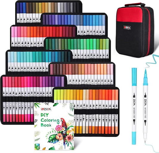 ZSCM 160 Colors Duo Tip Brush Markers Art Pen Set, Artist Fine and Brush Tip Colored Pens, for Adult Coloring Books Christmas Cards Drawing, Note taking Lettering Calligraphy Journaling