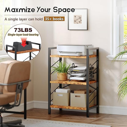 3 Tier Bookshelf, Industrial Bookcase with Metal Frame and Sidebars, Office Shelves for Small Spaces, Bedroom, Living Room, Rustic Brown