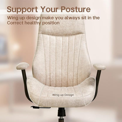 HOOOWOOO Faux Suede Leather Home Office Chair,MCM Modern Ergonomic Task Work Chair,Computer Desk Chair with Cushion Seat Lumbar Support Reclining High Back for Long Hours(Beige)
