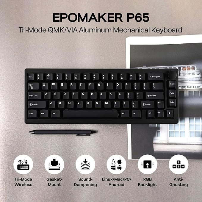 EPOMAKER P65 QMK/VIA Wireless Aluminum Gaming Keyboard, Gasket-Mount, Bluetooth/2.4Ghz/USB(A to C), Hot Swappable, N-Key Rollover, for Mac/PC/PS/Xbox (Black, Zebra Switch)