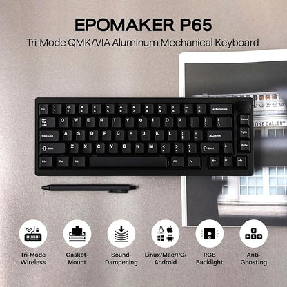 EPOMAKER P65 QMK/VIA Wireless Aluminum Gaming Keyboard, Gasket-Mount, Bluetooth/2.4Ghz/USB(A to C), Hot Swappable, N-Key Rollover, for Mac/PC/PS/Xbox (Black, Zebra Switch)