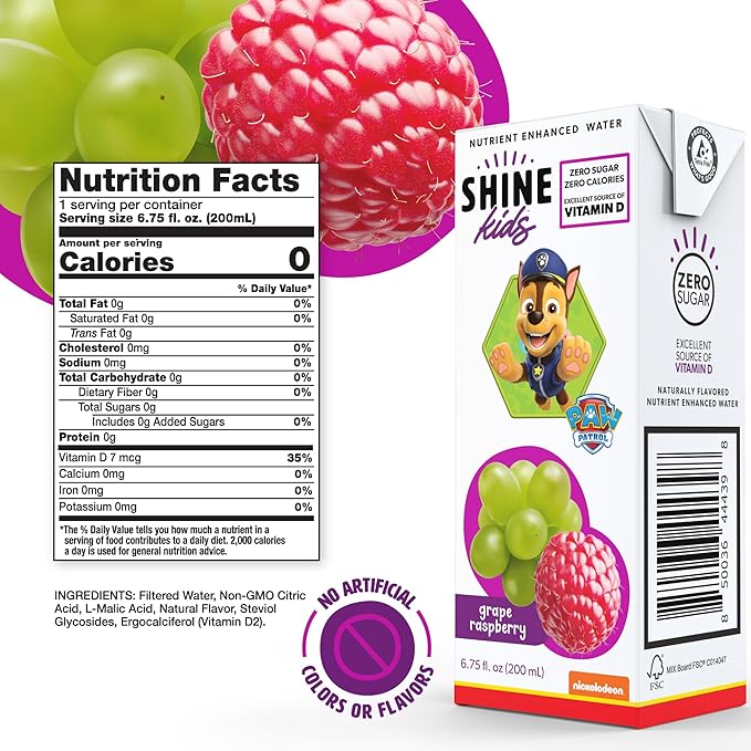 ShineWater Kids x Paw Patrol Vitamin D Grape Raspberry Juice Boxes | No Added Sugar | Naturally Flavored Drink for Kids | Vegan Gluten Free Hydration | 32 Pack
