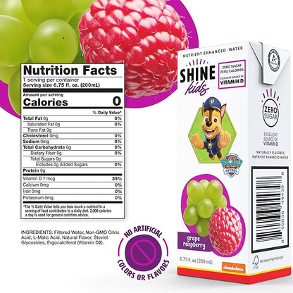 ShineWater Kids x Paw Patrol Vitamin D Grape Raspberry Juice Boxes | No Added Sugar | Naturally Flavored Drink for Kids | Vegan Gluten Free Hydration | 32 Pack