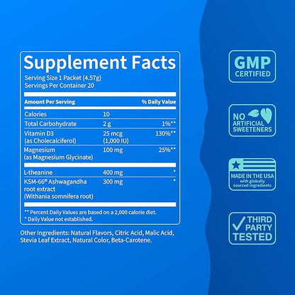 Nello Supercalm Powdered Drink Mix, Cortisol Reducer* and Sleep Aid Supplement, L Theanine, Ksm-66 Ashwagandha, Magnesium Glycinate, Vitamin D 3, No Sugar, Non GMO, On The Go, 20 Ct, Cherry Limeade