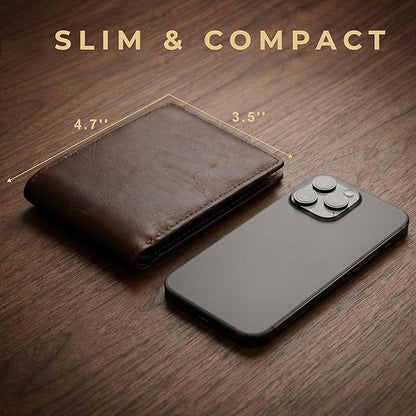 Men's Genuine Leather Wallet: Bifold RFID Blocking, 12 Card Slots & 2 Flip-up ID Window with Gift Box, Vintage Brown