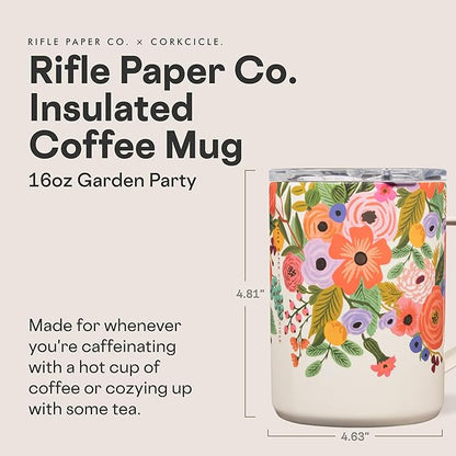 Corkcicle x Rifle Paper Co. Triple Insulated Coffee Mug with Lid & Handle - Keeps Beverages Hot for 3+ Hours - Gift for Mom - Great for Mother's Day or Christmas - 16 oz - Garden Party