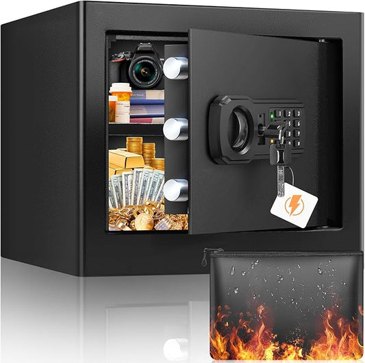 9.84" Tall Small Fireproof Safe Box, 1.2 Cu Ft Security Home Safe with Fireproof Money Bag, Digital Safes with Combination Lock and Removable Shelf for Home Personal Privacy Cash Medicine Documents