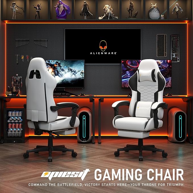 Gaming Chair, Computer Gaming Chairs with Footrest, Linkage Armrests and Lumbar Support, High Back Ergonomic Office Chair for Adults, Big and Tall Desk Chair(White)