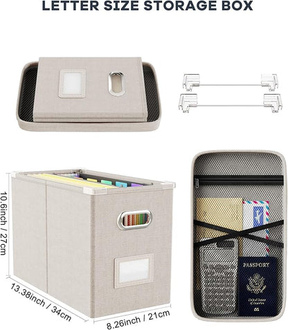 Oterri File Organizer With Lid, Hanging Filing Box With Mesh Pocket, Document Organizer for Letter Files, Portable Storage With Smooth Sliding Rail for Office & Home (2 PCS, Beige)
