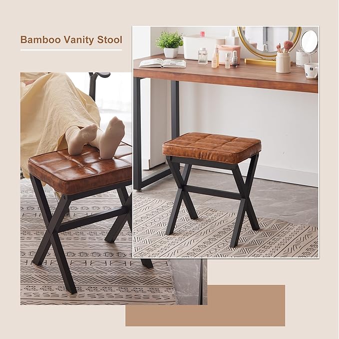 FILWH Foot Stool Small Ottoman Foot Rest Padded Foot Stool Desk Foot Stool For Under Office Desk Vanity Stool Bamboo Footstool Sofa Footrest Shoe Stool Small Foot Stools (Black Legs + Patterned Brown)