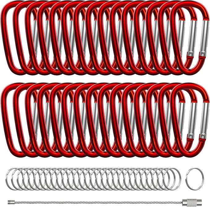 30PCS Aluminum Carabiner Clips, 2" D Shape Spring Snap Hooks Carabiner with 30PCS Keyring Keychain Hook