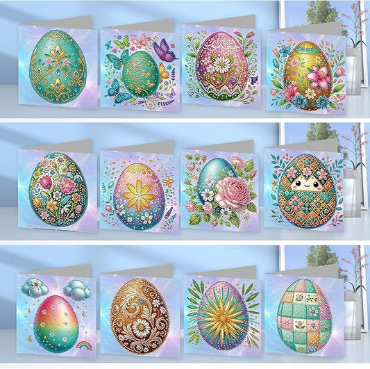 jinglinhh 12pcs Easter Egg Diamond Art Painting Greeting Cards with Envelopes, DIY Card Making Kits for Adults, Diamond Art Christmas Cards for Birthday Holiday Postcards Craft Gifts