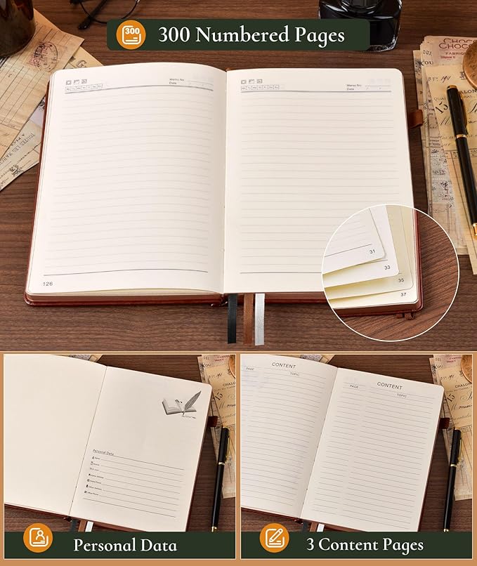 PAIBAS Vintage Leather Journal, A4 Large 300 Numbered Pages – College Ruled Hardcover Notebook for Writing, Work, School & Travel
