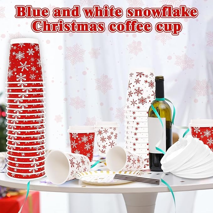 100 Count Snowflake Paper Cups 12 oz Christmas Paper Cups Disposable Red Snowflake Coffee Cups with Leak Proof Lids and and Stirrers Extra Thick Insulated Beverage Cups for Hot & Cold Liquids