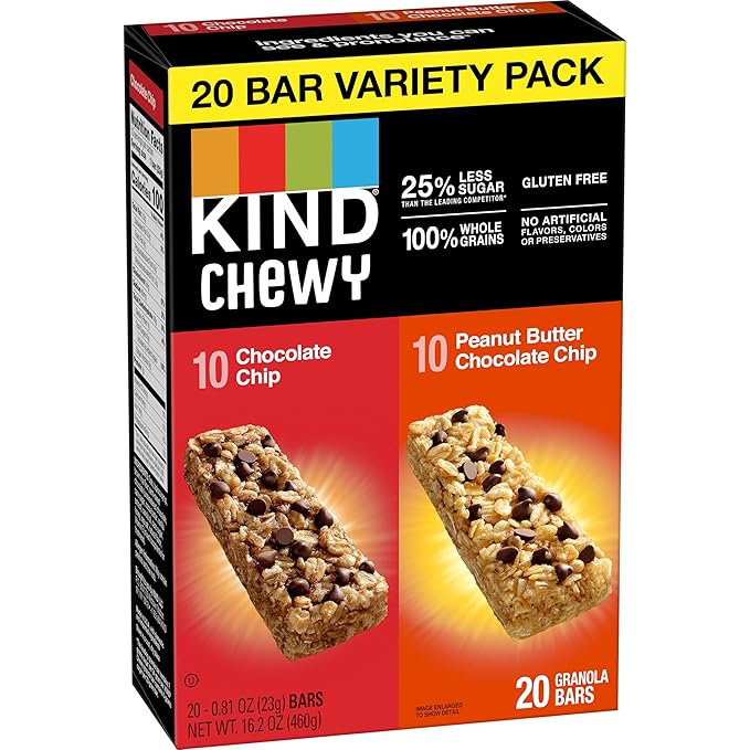 KIND Chewy Granola Bars, Variety Pack, Chocolate Chip and Peanut Butter Chocolate Chip, Gluten Free, 100 Calories, Whole Grains and Oats, 20 Count (Pack of 2)
