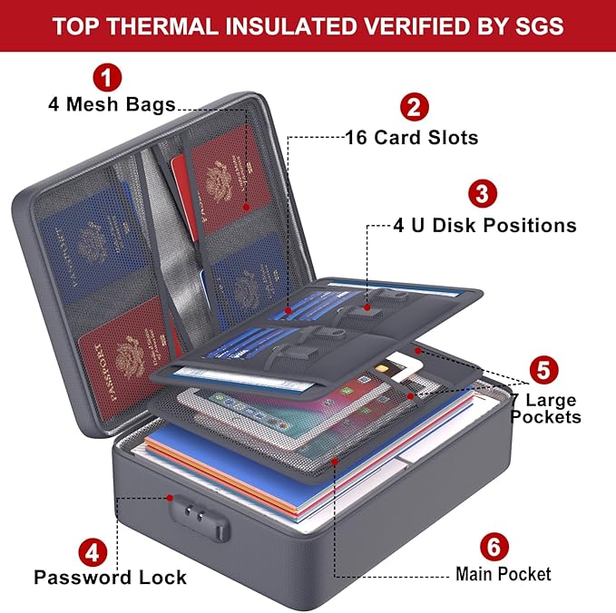 ENGPOW 5200°F Fireproof Document Bag with Lock, Upgraded Heat Insulated Fireproof＆Waterproof Box 8 Layers Document Organizer, Portable Home Travel Safe Storage Box for Important Files, Laptop, Gray