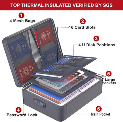 ENGPOW 5200°F Fireproof Document Bag with Lock, Upgraded Heat Insulated Fireproof＆Waterproof Box 8 Layers Document Organizer, Portable Home Travel Safe Storage Box for Important Files, Laptop, Gray