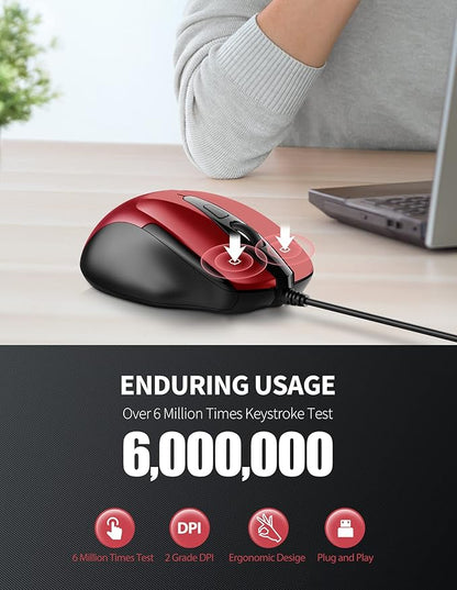 TECKNET USB Wired Mouse, 6-Button Corded Computer Mouse with 4 Adjustable DPI, Optical Computer Mice with Ergonomic Design and 5FT Cord for Laptop, Chromebook, PC, Desktop, Mac, Notebook - Dard Red