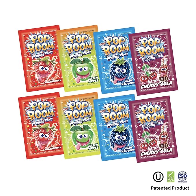 Tiltay Pop Boom Popping Candy – 4 Flavor Assortment, Strawberry, Cherry Cola, Green Apple, Blue Raspberry (32 Pack)