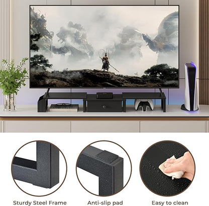 LAND·VOI Heavy Duty Dual Monitor Stand, Holds 2 Screens Up to 27 Inches, Adjustable Length and Angle Monitor Riser, Desk Organizer with Side Pockets and Drawers, Home Office Desk Storage, Black