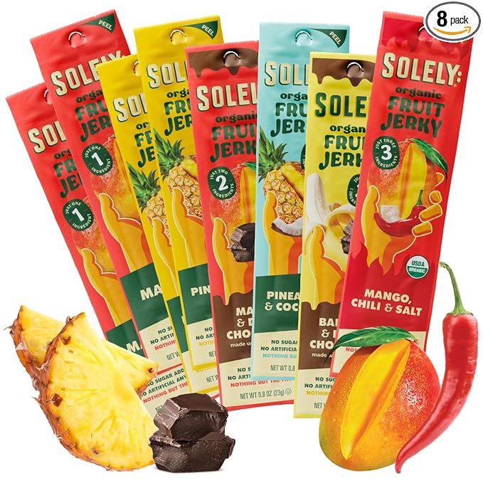 SOLELY - Organic Fruit Jerky Variety Pack - 8 Flavors, 8 Individually Wrapped Fruit Strips - Fruit Leather - Healthy Snacks for Adults & Kids - Non GMO, Vegan - 0.8oz (23g)
