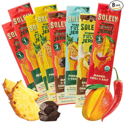 SOLELY - Organic Fruit Jerky Variety Pack - 8 Flavors, 8 Individually Wrapped Fruit Strips - Fruit Leather - Healthy Snacks for Adults & Kids - Non GMO, Vegan - 0.8oz (23g)
