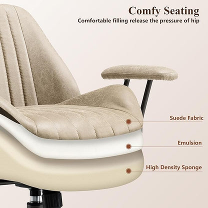 Mid Century Modren Office Chair,Mid Back Ergonomic Executive Chair with Lumbar Support, Computer Desk Swivel Task Chair with Wheels, Faux Lether Suede Fabric Home Chair (Beige)