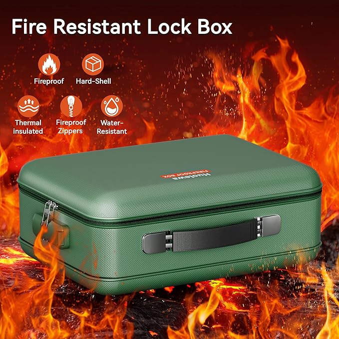 Fireproof Document Box, Hard Case Fireproof Box with Lock, Portable Hard-Shell Fireproof Water Resistant Document Safe for Important Documents, Laptops, Passports, Files and More (Green)