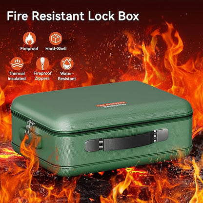 Fireproof Document Box, Hard Case Fireproof Box with Lock, Portable Hard-Shell Fireproof Water Resistant Document Safe for Important Documents, Laptops, Passports, Files and More (Green)