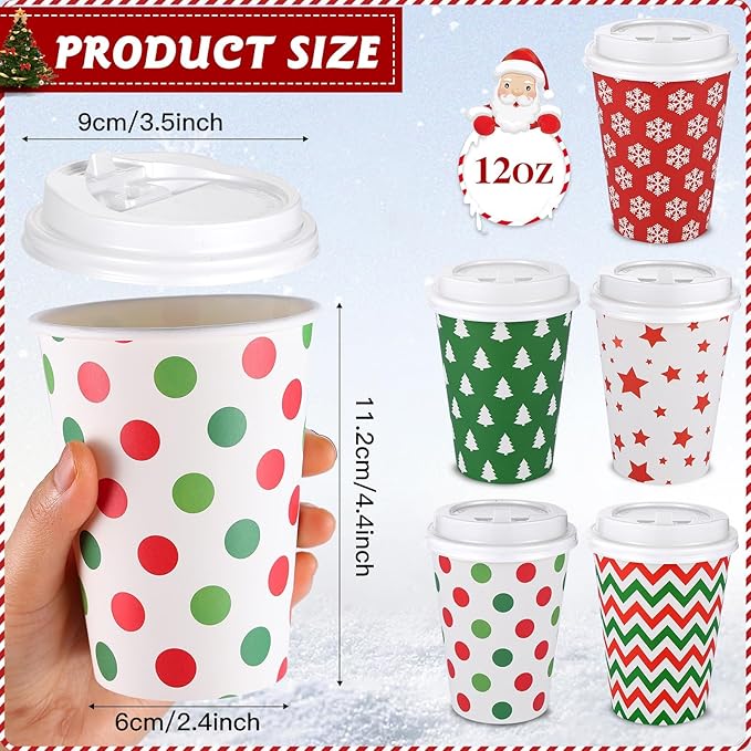 300 Pcs/100 Sets Christmas Coffee Cups with Lids and Sleeves 12 oz Disposable Christmas Paper Cups Party Drinking Cups for Hot and Cold Drinks Chocolate Coffee Tea Beverage Bar Supplies (Simple)