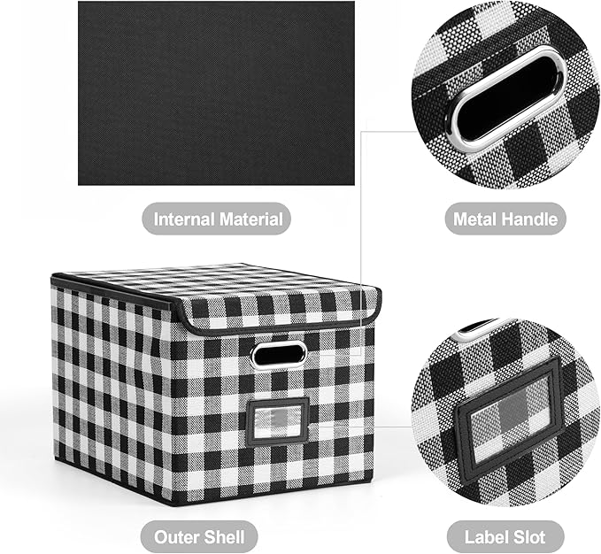 Collapsible File Box with Lid & Plastic Slide - Hanging Document Organizer for Office/Home, 14.96x12.6x10.83 Inch,Black and White Lattice, 2 Pack (No Folders Included)