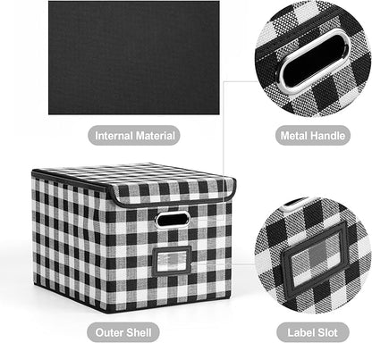 Collapsible File Box with Lid & Plastic Slide - Hanging Document Organizer for Office/Home, 14.96x12.6x10.83 Inch,Black and White Lattice, 2 Pack (No Folders Included)