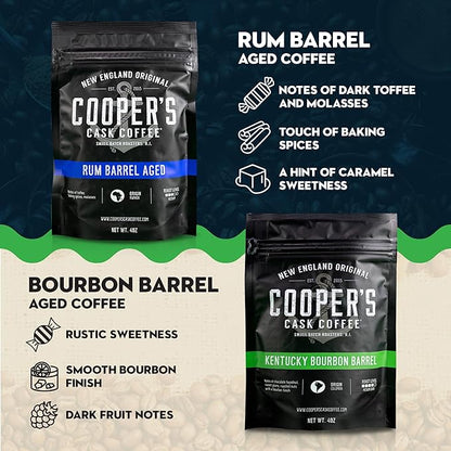 Bourbon & Whiskey Barrel Aged Coffee Box Set - 4-Bag Roasted Coffee Sampler - Bourbon Colombian, Malt Whiskey Sumatra, Rye Whiskey Ethiopian, Rum Barrel Rwanda, (Ground, 4 Ounce (Pack of 4))
