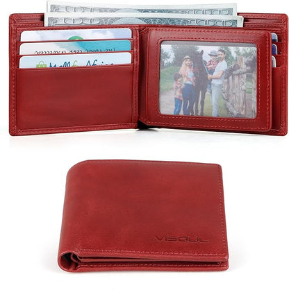 VISOUL Leather Mens Bifold RFID Blocking Wallet with 2 ID Windows, Leather Wallet for Men (Leather, Burgundy)
