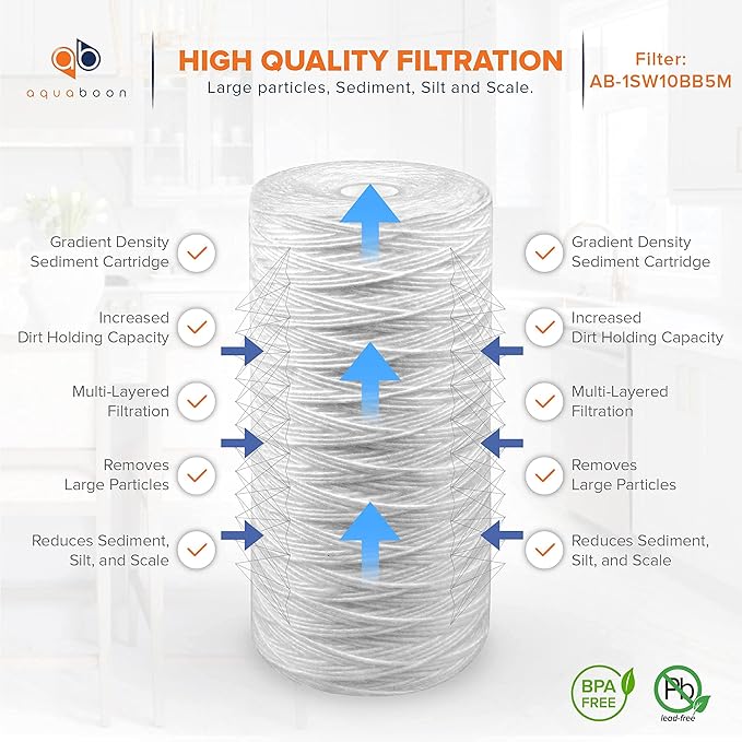 Aquaboon 5 Micron Water Filter 10 x 4.5 inch - String Wound Water Filter for Whole House System - Compatible with 84637, WPX5BB97P, PC10, 355214-45, 355215-45, WP10BB97P, WP5BB97P (6 Pack)