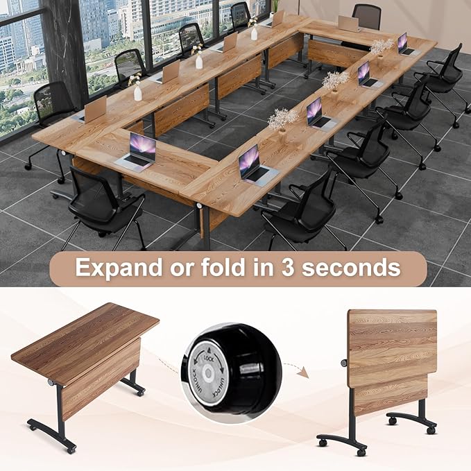 Folding Conference Table,Conference Table with Wheels,Large Flip-Top Training Table,Freely Combinations,Easy to Move for Offices, Schools,Training Rooms（8,Yellow,71in